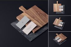 four different views of wood and metal on a black surface, including the cutting board