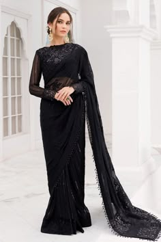 Embroidered Crinkle Chiffon Blouse 2 M Embroidered Crinkle Chiffon Saree 3.5 M Embroidered Crinkle Chiffon Pallu 2.5 M Neckline Embroidered Patch 1 Pc Embroidered Patch For Saree Daman 3.3 M Sleeves Embroiderd Patch 0.92 M Embroidered Pallu Patch A 3 M Embroidered Pallu Patch B 2.31 M Dyed Silk Trouser 3 M Replicate Designs  by Libaas  Khaas Black Party Saree, Black Saree Party Wear, Black Saree Designs, Embroidery Hand Work, Black Sarees, Black Sari, Pure Chiffon Sarees, Girls Designer Dresses, Trendy Outfits Indian