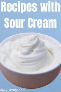 a white bowl filled with sour cream on top of a blue background and text overlay