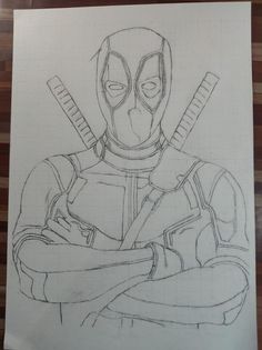 a pencil drawing of a deadpool holding two swords in one hand and wearing a mask on the other