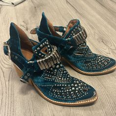 Euc Teal Velvet Booties With Metal Embellishments. Size 5.5. Barely Worn, Maybe 2-3 Times Metal Embellishments, Teal Velvet, Jeffrey Campbell Shoes, Luxury Style, Jeffrey Campbell, Jessica Simpson, Bootie Boots, Embellishments, Blue Green