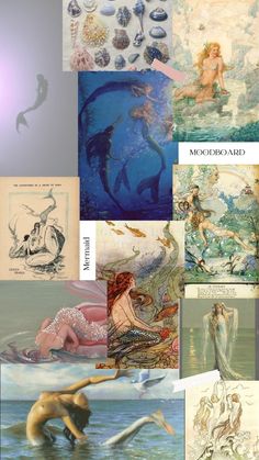 several pictures of mermaids and sea creatures in various colors, sizes, and shapes