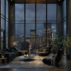 a living room filled with lots of furniture and large windows overlooking the city at night