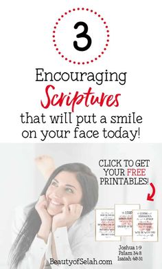 a woman smiling with the text 3 encouraging scripures that will put a smile on your face today