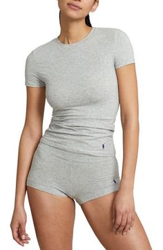 This heathery lightweight T-shirt of stretch-enhanced organic cotton will get worn and worn—alone and as a comfortable first layer. Crewneck Short sleeves 81% organic cotton, 19% spandex Machine wash, tumble dry Imported Gray Stretch T-shirt For Loungewear, Heather Tri-blend Crew Neck Top, Classic Fitted Gray T-shirt, Heather Grey Cotton T-shirt For Loungewear, Fitted Heather Grey Crew Neck Tops, Fitted Gray T-shirt For Loungewear, Fitted Gray Athleisure T-shirt, Fitted Crew Neck T-shirt For Loungewear, Athletic Heather Cotton Athleisure Tops