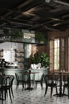 the interior of a coffee shop with many tables and chairs, plants on the wall