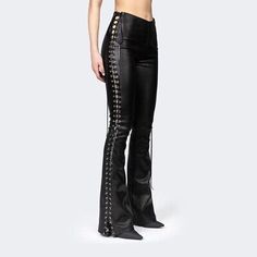 Punk Black Pant Soft Handmade genuine Leather lace up pant trouser Gothic straps  | eBay Lace Up Side Leather Pants, Lace Up Leather Flare Pants, Edgy Leather Outfit, Side Lace Up Pants, Leather Western Outfit, Lace And Leather Outfit, Leather Pants Aesthetic, Leather Flare Pants Outfits, Low Rise Leather Pants