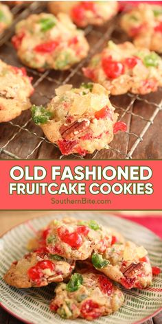 old fashioned fruitcake cookies on a cooling rack with text overlay that says old fashioned fruitcake cookies