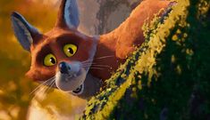 an animated fox with big yellow eyes looks out from behind some bushes and trees in the background