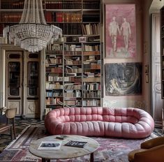 a living room filled with furniture and bookshelves covered in lots of bookcases