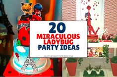 a red and white cake with the words 20 fabulous ladybug party ideas