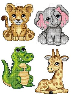 four cross stitch animals sitting next to each other