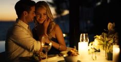 a man and woman sitting at a dinner table