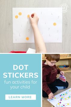 kids are doing dot stickers for their child's learning activity with the text, dot stickers fun activities for your child learn more