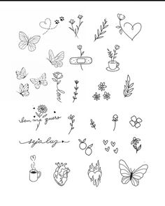 some flowers and butterflies are drawn on a white sheet with the words love written in black ink