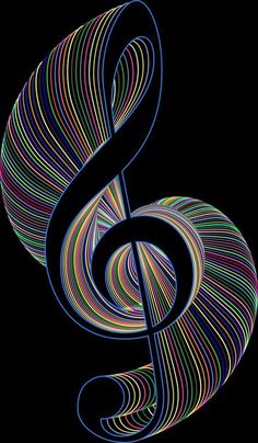 a colorful music note on a black background with multicolored lines in the shape of a treble