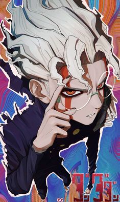 an anime character with white hair and red eyes, holding his finger to his mouth