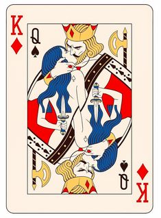 a playing card with the queen of spades in blue and red, on it's back