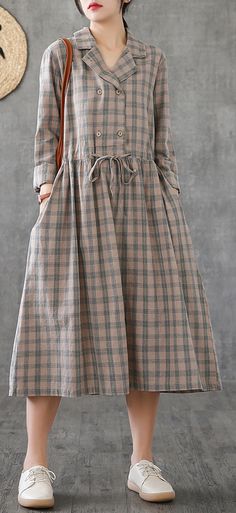 Notched drawstring linen cotton Tunics Fashion Ideas green plaid Dress Spring Linen Plaid Dress, Casual Linen Plaid Dress, Tunik Linen, Green Plaid Dress, Linen Fashion, Mode Casual, Vestidos Vintage, Fashion Attire, Loose Style