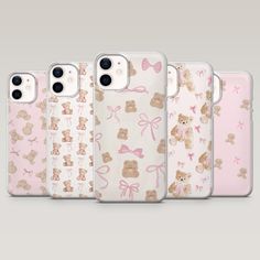 four iphone cases with teddy bears and bows on them, all lined up in different colors