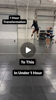 two people are playing badminton in an indoor court with the words, to this in under 1 hour