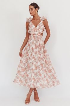 Madara Lace-Up Back Maxi Dress Floral Peach Pink Dress Shoes, Maxi Dress Floral, A Line Maxi Dress, Brunch Dress, Doe Eyes, Birthday Brunch, Split Maxi Dress, Grad Dresses, White Heels