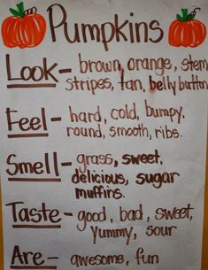 a sign with words written on it that say pumpkins and look - oranges