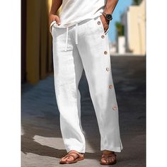 Season:Spring  Summer; Fabric:40% Linen; Gender:Men's; Style:Classic,Casual; Occasion:Vacation,Office / Career,Daily,Going out; Fit Type:Regular Fit; Function:Comfortable,Breathable; Waistline:Mid Waist; Pattern:Plain; Design:Side Button,Straight Leg,Drawstring,Elastic Waist; Brand:OUKU; Pants Type:Trousers,Baggy Pants,Linen Pants,Summer Pants; Fly Type:Elasticity; Front page:FF; Listing Date:02/23/2024; Production mode:External procurement; Hips:; Length:; Waist:; Fit US Size:null; Fit UK Size:null; Fit EU Size:null Lace Up Trousers, Mens Linen Pants, Trousers Men, Linen Men, Cotton Linen Pants, Mens Linen, Blazer Shirt, Mens Pants Fashion, Beach Casual