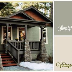 an advertisement for a house with stone pillars and steps on the front porch is shown