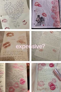 four different pictures with writing on them and the words expensive written in pink inks