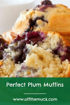 blueberry muffins with the words perfect plum muffins