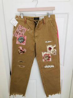 Khaki Pants Embroidered and Patched Abercrombie & Fitch Size | Etsy Painted Khaki Pants, Embroidered Cargo Pants, Fall Straight Leg Bottoms With Patches, Straight Leg Bottoms With Patches For Fall, Fall Season Straight Leg Bottoms With Patches, Fall Cotton Pants With Floral Embroidery, Spring Brown Pants With Patch Pockets, Beige Cotton Pants With Floral Embroidery, Embroidered Cotton Straight Leg Pants