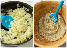 there are two pictures one has rice and the other has food in it with blue spoons