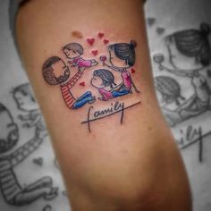 a small family tattoo on the arm with children playing around it and hearts flying out