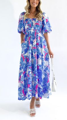 Look and feel like a princess this event season in this Dress! This style and print will be adored by all! Chic Off-shoulder Printed Maxi Dress, Off-shoulder Multicolor Midi Dress For Spring, Puff Sleeve Midi Dress With Floral Print For Beach, Chic Blue Printed Floral Dress, Beach Maxi Dress With Puff Sleeves And Floral Print, Off-shoulder Multicolor Dresses For Garden Party, Multicolor Off-shoulder Dresses For Garden Party, Off-shoulder Floral Print Midi Dress For Beach, Blue Puff Sleeve Maxi Dress For Summer