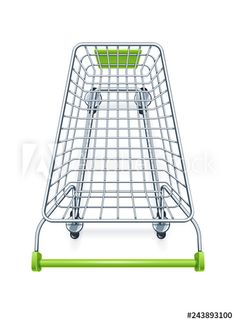 a metal shopping cart with green handles on a white backgrounn background, 3d rendering