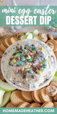 an easter dessert dip with cookies and candy on top