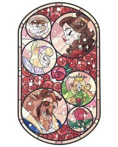 stained glass window with disney characters on it