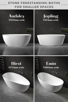 four different views of a bathtub and sink with the measurements for each tub, which is