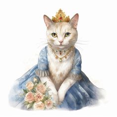 a watercolor painting of a cat wearing a blue dress with a gold tiara