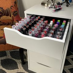 Office Drawer, Ikea Alex Drawers, Makeup Stand, Alex Drawer, Lipstick Organizer, Ikea Alex, Makeup Storage Organization, Makeup Drawer, Nail Polish Storage