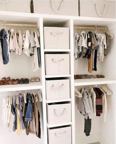 an organized closet with white drawers and hanging clothes