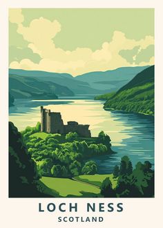 an image of a poster with the words loch ness scotland on it's side