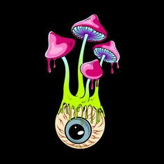 three pink and green mushrooms in the middle of a black background with drops of paint on them