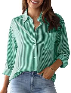 PRICES MAY VARY. S=US(4-6) M=US(8-10) L=US(12-14) XL=US(16-17) 2XL=US(18-19).The button down shirts for women is lightweight, durable and comfortable to wear.Fabric is softer, buttoned front FEATURE: Stripes Womens Tops, Button Down, v neck shirts, Long Cuffed Sleeves, Vertical Stripes, Chest Pocket, Lightweight, long sleeve, casual loose blouse & button-down shirts for women dressy MATCH: This v-neck casual shirt/stripes blouses for women/v-neck casual shirt/Women's long sleeve button down tops Green Striped Shirt, Winter Blouses, Striped Shirt Women, Pullover Outfit, Casual Long Sleeve Shirts, The Office Shirts, Elegant Shirt, Long Blouse, Striped Blouse