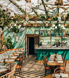 an outdoor dining area with tables and chairs covered in green leaves, hanging lights and potted plants