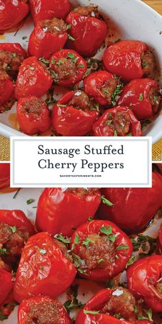 sausage stuffed cherry peppers in a white bowl