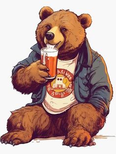 a drawing of a bear holding a beer in his hand and wearing a t - shirt