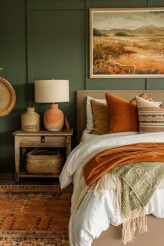 a bedroom with green walls and an orange blanket on top of the bed, next to a lamp