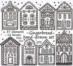 the gingerbread house is drawn in black and white